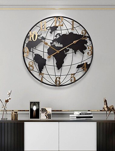 Grande orologio da parete con mappa del mondo, moderno, muto, semplice, rotondo, in ferro, design, decorazione per soggiorno, corridoio, orologio elettronico da 60 cm.