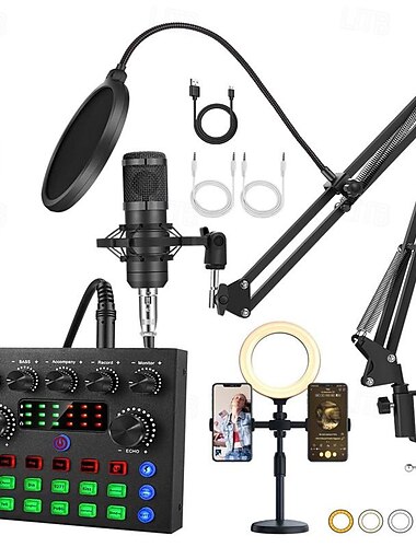 Komplettes Podcast-Studio-Paket BM800 Kondensatormikrofon V8S Audio-Interface Fülllicht Flexible Stromversorgungsoptionen Hervorragende Lautstärkeregelung