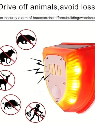 Alarma repelente de animales solar con ladrido de perro sonido de disparo y luz SOS - Impermeable recargable para uso en hogar granja y exterior
