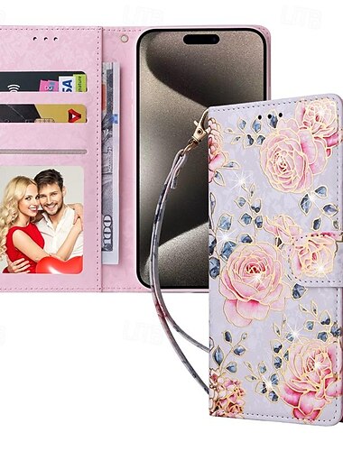 Handy Hülle Handyhüllen Für iPhone 17 Pro Max 17 Air 16 15 14 Pro Max Plus 13 12 11 Pro Max Mini Brieftaschenhülle Vollschutz Mit Handgelenkschlaufe Ständer Blumendruck TPU PU-Leder