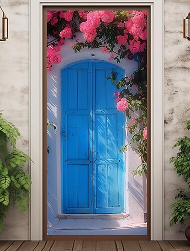 puerta floral azul cubiertas de puerta tapiz de puerta cortina de puerta decoración telón de fondo banner de puerta para puerta de entrada casa de campo suministros de decoración para fiesta