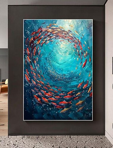 Handgefertigtes Ölgemälde auf Leinwand, Wandkunst, Dekoration, abstrakte Meeresfische, Fischschwarm für Heimdekoration, gerolltes, rahmenloses, ungedehntes Gemälde