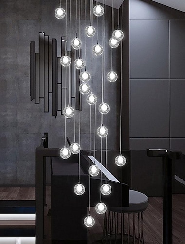 lampadari lunghi per soffitti alti, lampadari moderni con sfere di cristallo, lampada a goccia a forma di globo, apparecchi di illuminazione a sospensione per scala a chiocciola, foyer, ingresso