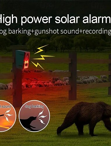 Alarme à capteur de mouvement solaire avec aboiement de chien et bruit de coup de feu - Système de sécurité sirène 130dB avec télécommande pour maison ferme jardin poulailler villa
