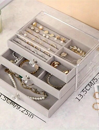 trelagers genomskinlig förvaringsbox för smycken i akryl: multifunktionellt vitrinskåp för ringar, halsband, armband, perfekt för förvaring och visning av skrivbordssmycken