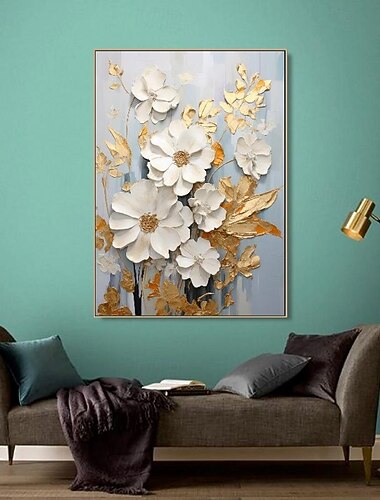 Pintura al óleo de flor dorada texturizada pintada a mano, arte de pared, pintura abstracta de flor blanca sobre lienzo, pintura al óleo floral moderna minimalista para sala de estar, pintura