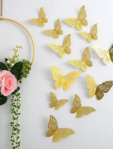 12 goldene Schmetterlingsdekorationen – 3D-Wandkunst für Partys, Bastelarbeiten und Babypartys – einfach anzubringende Aufkleber für eine schöne und elegante Dekoration.