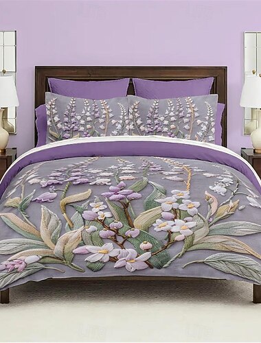 schwingendes Lavendel-Bettbezug-Set, Baumwolle, Blumenmuster, weiches 3-teiliges Luxus-Bettwäsche-Set, Wohndekor, Geschenk, Zwilling, Vollkönig, Queen-Size-Bettbezug