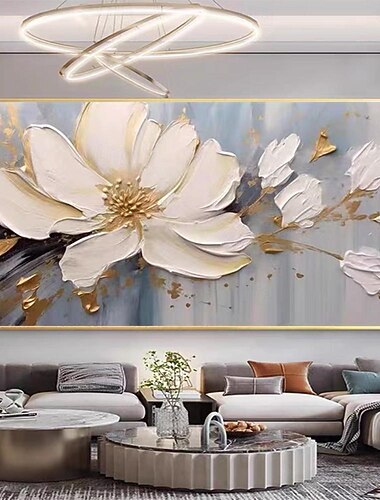 Mintura Handmade Gold Floral Oil Paintings On Canvas Large Wall Art Decoration Modern Abstract White Flower Picture For Home Decor Rolled Frameless Unstretched Painting