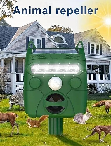 Ahuyentador de animales con energía solar con 5 modos de funcionamiento botón de ajuste de sensibilidad y flash led para ahuyentar animales. nota no apto para ahuyentar animales grandes.