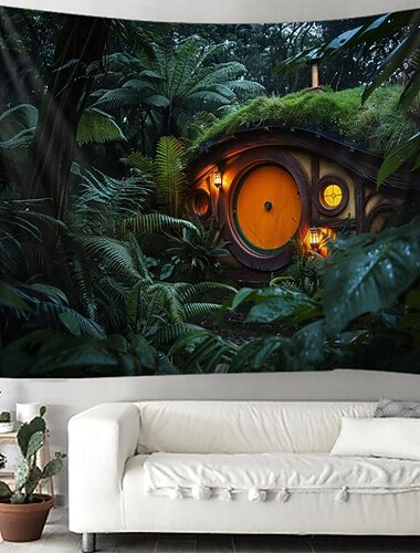 Hobbit arbre maisons suspendus tapisserie mur art grande tapisserie murale décor photographie toile de fond couverture rideau maison chambre salon décoration
