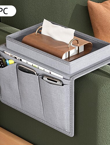 käsinojan järjestäjä mukinpidikkeellä, tarjottimella ja kaukosäätimen pidike lepotuolisohvan käsinojille - sopii sohvan käsinojiin, tuolin käsinojaan, vuode - säilytyspussi puhelimelle, tabletille,