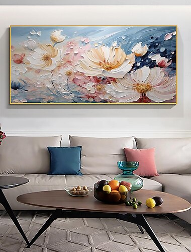 håndlaget originalt hvitt blomsteroljemaleri på lerret rosa blomsterveggdekor tykt teksturmaleri for hjemmeinnredning med strukket ramme/uten indre rammemaling