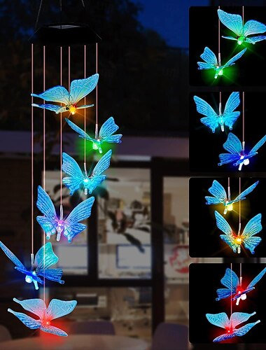 sol sommerfugl vindklokke lys rgb farve skiftende havelys udendørs vandtæt balkon have park træ hænge lys