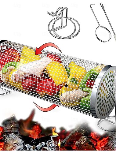 cestello per griglia con base fissa cestello per griglia per verdure per barbecue girevole griglia per barbecue in acciaio inox cestello in rete per grigliate all'aperto pesce verdure gamberetti