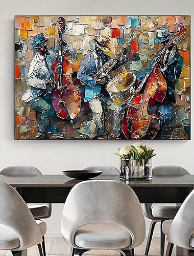 großes abstraktes Jazzband-Ölgemälde auf Leinwand, handgemalt, Wandkunst, schwarze Jazzmusik-Kunst, individuelle Malerei, Modedekor für Wohnzimmer, Heimdekor
