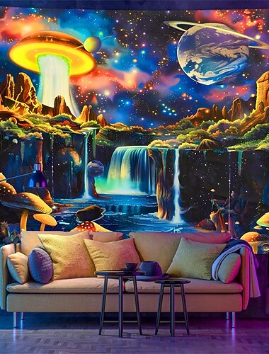 tapiserie cu lumină neagră uv reactiv strălucire în întuneric petrecere strălucire neon galaxie univers ciuperci psihedelic trippy cețos agățat tapiserie artă murală de perete pentru viață