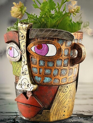 brutalistisk abstrakt skjønnhetsansikt blomsterpotte fargerik harpikshodeplanter med håndtak for enkel flytting, unik kunstnerisk dekor for innendørs/utendørs planter, perfekt gave til kunst- og planteelskere