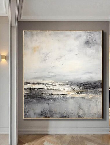 abstraktes Skyline-Gemälde, handgemalt, extragroßes Wandkunst-Gemälde, handgemachtes graues Landschaftsgemälde auf Leinwand, große Wandkunst, goldenes abstraktes modernes Gemälde für Schlafzimmer,