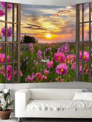 Fenster Blumen Feld hängen Wandteppich Kunst große Wandteppich Wandbild Dekor Fotografie Hintergrund Decke Vorhang Haus Schlafzimmer Wohnzimmer Dekoration Wandtuch XXL Natur