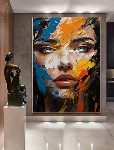 buntes abstraktes Gesichtsölgemälde handgemachtes strukturiertes Gesicht eines Mädchens, Malerei figurative Wandkunst, Pattle Knife Girl Ölgemälde Wanddekorationsmalerei Raumkunst