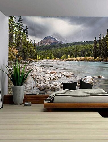 Tapiz colgante de río y bosque natural, arte de pared, tapiz grande, decoración mural, fotografía, telón de fondo, manta, cortina, decoración para el hogar, dormitorio y sala de estar