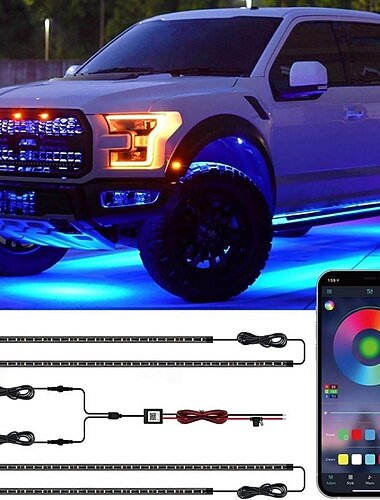 Waza kit luci sottoscocca esterne per auto, 4 strisce luminose a led sottoscocca, 8 colori, funzione audio attiva e telecomando senza fili, con cavo di prolunga da 1,8 m, ip68