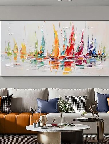 Peinture à l'huile faite à la main sur toile, décoration murale moderne abstraite, paysage de voilier pour salon, décoration de maison, peinture roulée sans cadre, non étirée