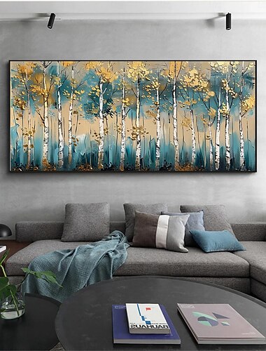 dipinto a olio originale fatto a mano con foresta di betulla su tela, dipinto di paesaggio astratto con albero per la decorazione domestica con cornice allungata/senza cornice interna