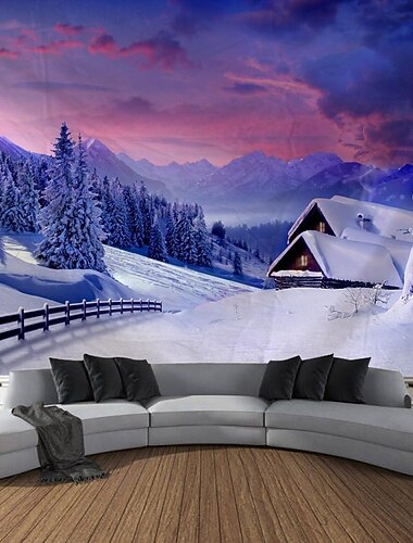 Tapisserie murale suspendue en forêt naturelle d'hiver, grande tapisserie murale, décor de photographie, toile de fond, couverture, rideau, maison, chambre à coucher, décoration de salon