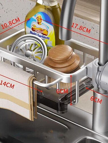 kjøkkenvask armaturorganisering, rustsikker aluminiumsholder for svamp, såpe, børste, plassbesparende design med dryppbrett, enkel installasjon