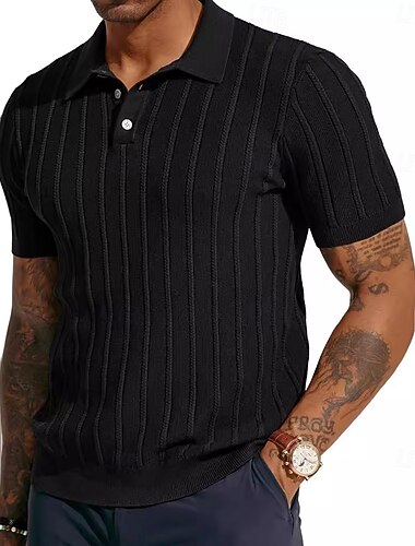 Men's Knit Polo Sweater Golf Shirt Casual Holiday Button Classic Short Sleeve Fashion Old Money Style Striped Button Front Summer Spring Fall Black Navy Blue Knit Polo Sweater