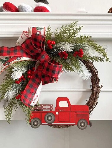 julkrans utomhus för ytterdörr vinterkrans fönster väggdekoration röd lastbilsdekoration, stor dörrfrontkrans, dörrhängning, juldekorationer, heminredningskrans