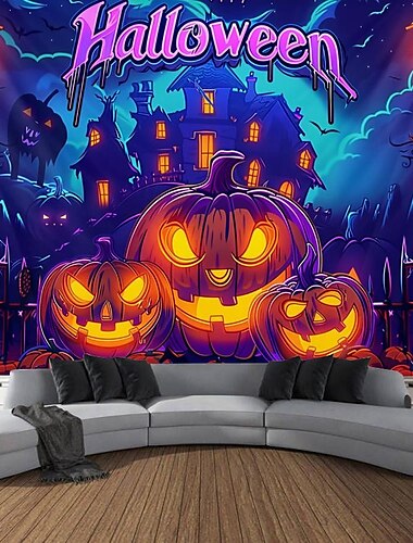 Décorations d'Halloween, tapisserie à lumière noire en forme de citrouille, lueur réactive aux UV dans la forêt noire, montagne trippante, cimetière brumeux, tapisserie suspendue, art mural pour