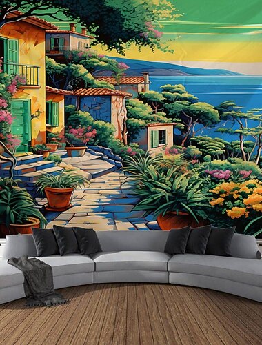 Tapiz colgante de pueblo mediterráneo de naturaleza, arte de pared, tapiz grande, decoración mural, fotografía, telón de fondo, manta, cortina, hogar, dormitorio, sala de estar