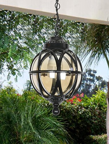 zewnętrzne lampy wiszące, zewnętrzna lampa wisząca wodoodporny ganek czarny metalowy żyrandol z przezroczystą szklaną kulą w żelaznej ramie klatki, zewnętrzna latarnia do przedpokoju, patio ciekawe