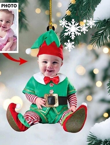 Décorations de Noël photo personnalisées en acrylique 2D, visage de bébé elfe personnalisé, ornements d'arbre suspendus, décoration suspendue, cadeaux suspendus