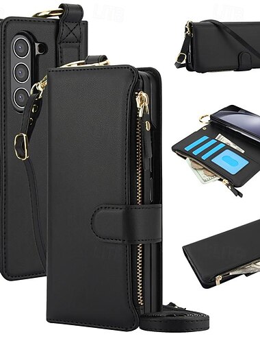 telefone Capinha Para Samsung Galaxy Dobra Z 7 Dobra Z 6 Z Fold 5 Z Fold 4 Z Fold 3 Capa para Cartão Wallet com pulseira Fivela de anel Antichoque PC Couro PU