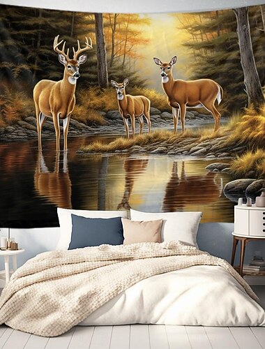 Autumn Deer Forest Hanging Tapestry Wall Art Large Tapestry Mural Decor Photograph Backdrop Blanket Curtain Home Bedroom Living Room Decoration