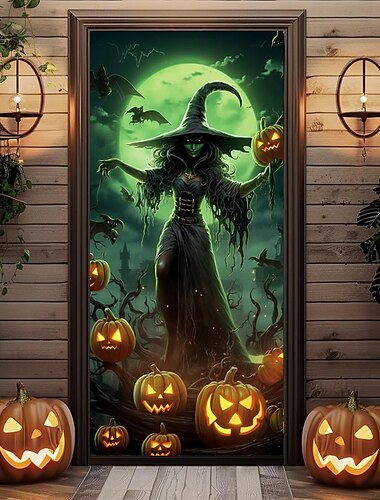 Halloween Door Decorations Halloween Door Covers Jack O Lantern Pumpkin Door Tapestry Door Curtain Decoration Backdrop Door Banner for Front Door Farmhouse Holiday Party Decor Supplies Scarecrow