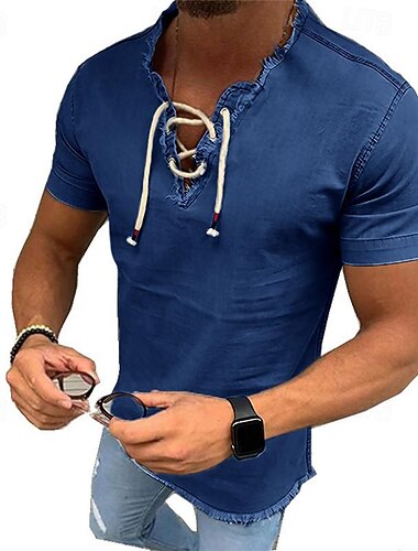  Men\'s Shirt Chambray Shirt Calico Shirt Summer Shirt Denim Shirt Dark Navy Navy Blue Light Blue Short Sleeve Graphic Prints Standing Collar Casual Daily Drawstring Clothing Apparel Fashion Casual