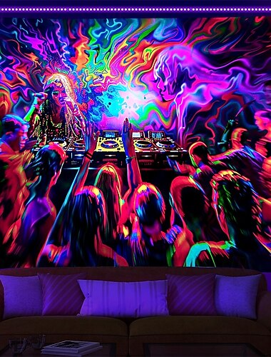 Tapisserie à lumière noire réactive aux UV qui brille dans le noir, décoration murale pour salon, chambre à coucher, festival de musique, DJ, psychédélique, trippante et brumeuse