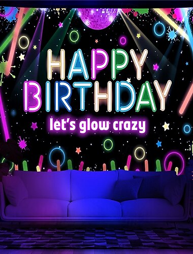 blacklight gobelín uv reaktivní záře ve tmě záře party neonové nápady na party svítící tyčinky party visící gobelín nástěnná malba do obývacího pokoje ložnice