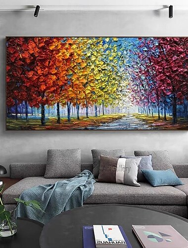 großes handgemaltes Baumölgemälde auf Leinwand handgemachtes buntes Waldherbstgemälde für Wohnzimmerkunst handgemaltes stark strukturiertes Impastogemälde