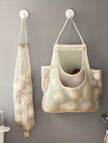 2-pack vägghängande förvaringspåsar - multifunktionella nätpåsar i nät för matförvaring, frukt- och grönsaksarrangörer, hållbara och bekväma