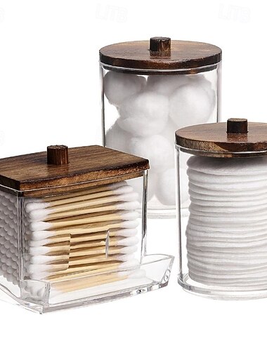 3 kpl pumpulipuikkojen pidikesarja meikkitarjottimella - kirkas apteekkipurkki, qtip/ball/pad -säilytys, kylpyhuoneastioiden annostelija