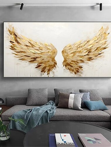 złote skrzydło malowanie 100% ręcznie robione złoto i białe skrzydła anioła obraz olejny ręcznie teksturowane malowanie piórami akrylowy abstrakcyjny obraz olejny na dekoracje ścienne salon nowoczesna