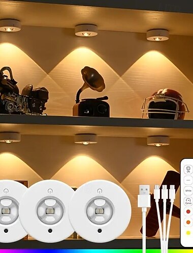 3pcs Luce LED Ricaricabile da Posizionare Sotto Mobile con Telecomando Faretto RGB Cambio Colore Opzioni Bianco Caldo e Neutro Luminosità Regolabile Montaggio Magnetico per una Facile Installazione