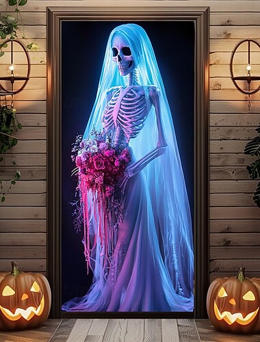 ハロウィーンのドア飾り、ハロウィーンのドアカバー、ゾンビ花嫁のドアタペストリー、ドアカーテン装飾背景、玄関ドア用ドアバナー、農家の休日パーティー装飾用品