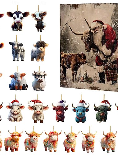ornamenti per calendario dell'avvento di natale, 2d acrilico carino yak 24 pezzi kit di ornamenti natalizi regalo 24 giorni conto alla rovescia mini albero appeso ornamenti natalizi per decorazioni